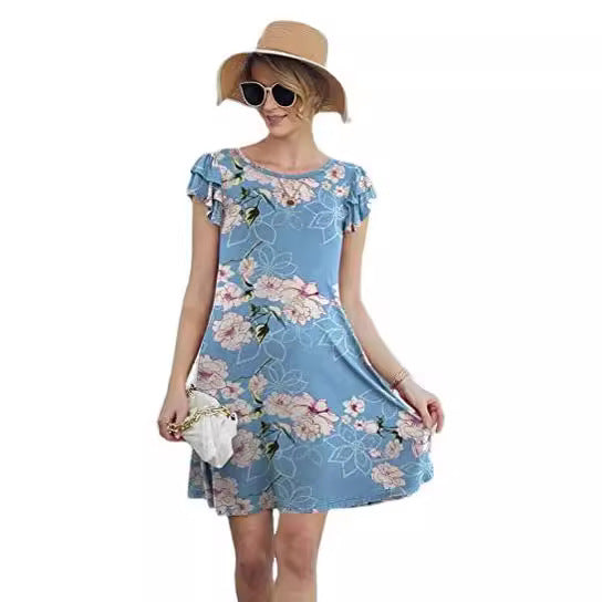 Damen Sommerkleid Blumenmuster Rüschendetails schwingender Rock
