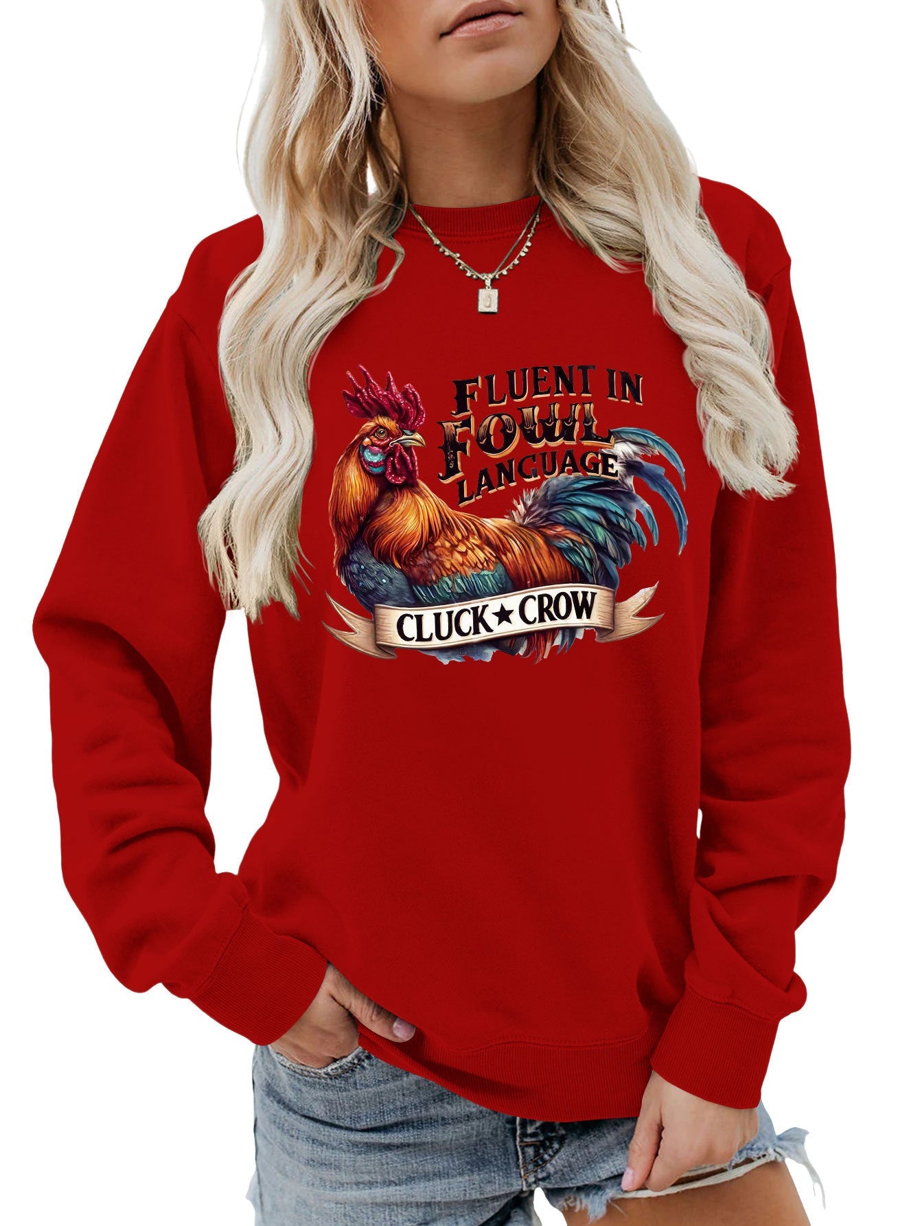 Damen Sweatshirt Hühnermotiv Bequem Grau