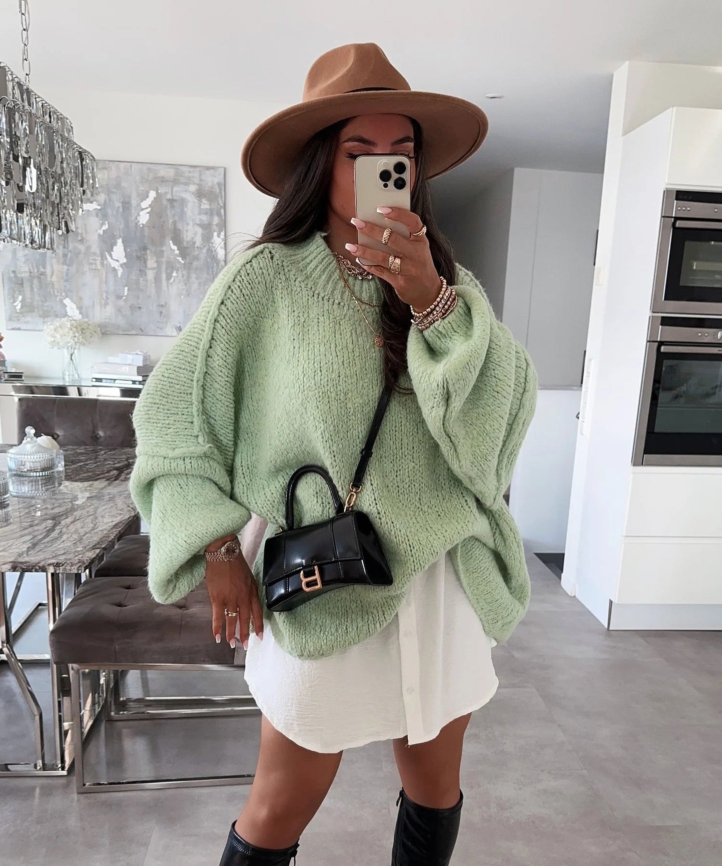 Damen Oversized Strickpullover Hochkragen Ballonärmel
