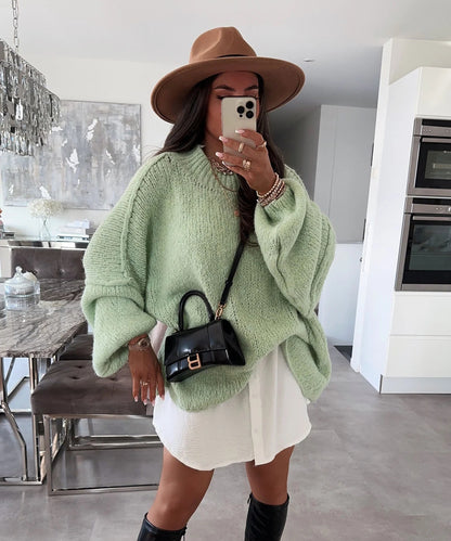 Damen Oversized Strickpullover Hochkragen Ballonärmel