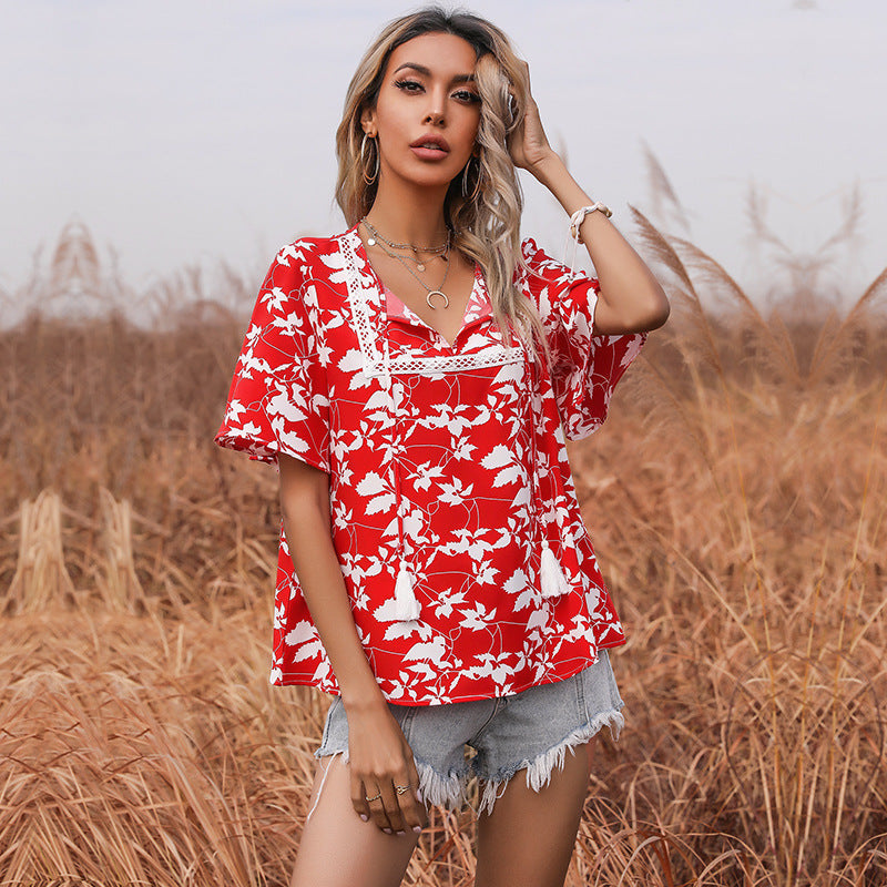 Damen Bluse Floralmuster V-Ausschnitt Elegante Bluse - Norvielle