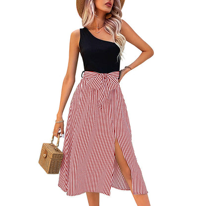 Damen Wickelkleid Asymmetrischer Saum Streifenmuster