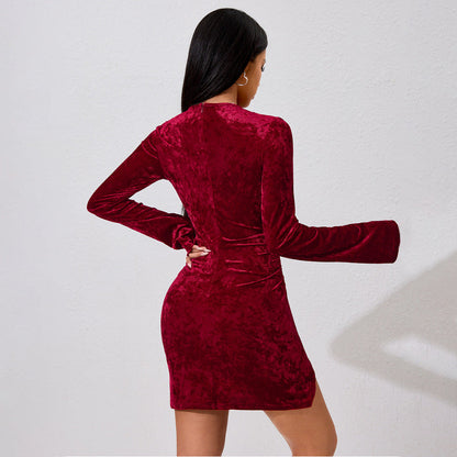 Damen Samt Minikleid Länge Knie Ärmellänge Lang Cut Out