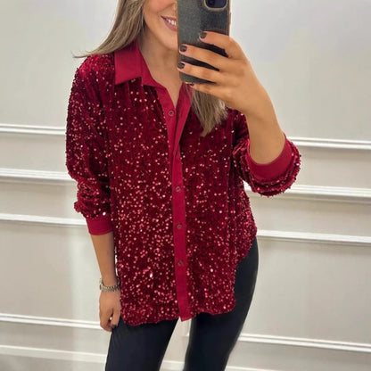 Damen Paillettenbluse Klassischer Kragen Langer Ärmel Norvielle - Norvielle