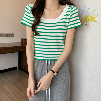 Damen Cropped Oberteil Streifen Elastisch Weiß