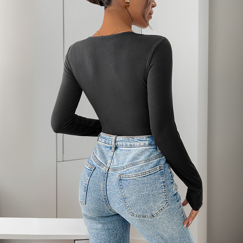 Damen Bodysuit Langarm Spitzeneinsatz