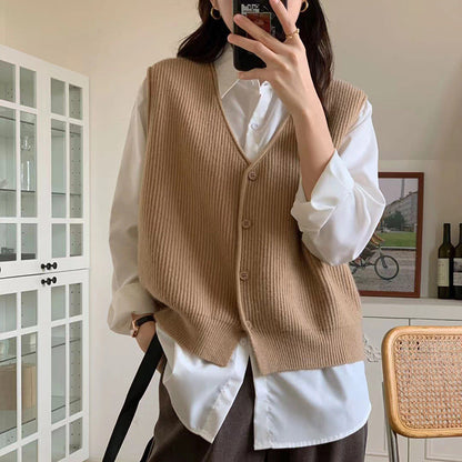 Damen Strickweste Klassisch Rippenstruktur Beige