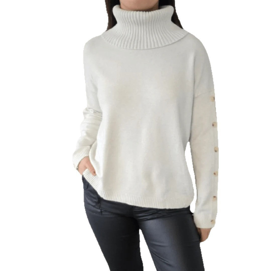 Damen Pullover Rollkragen Dekorativer Knopf Norvielle