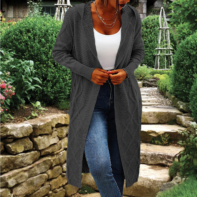 Damen Strickcardigan Lang Hochkragen Zopfmuster Norvielle