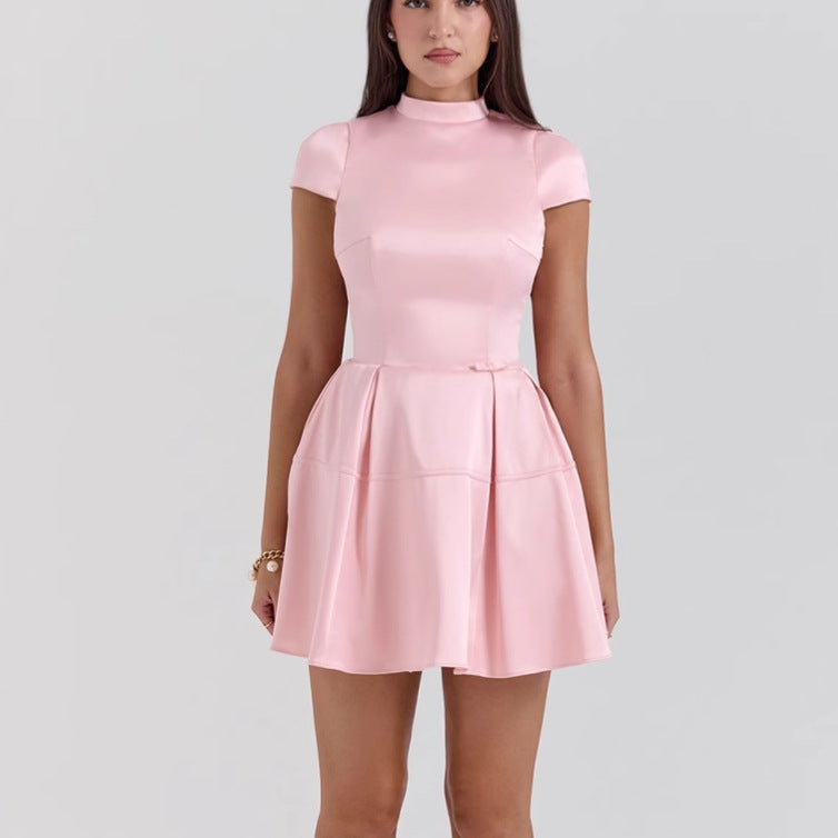 Damen Kurzkleid gefaltet Rock Stehkragen Schwarz - Norvielle