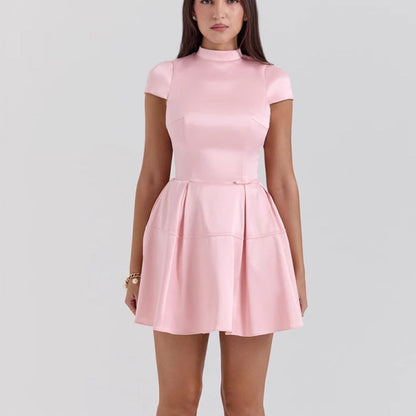 Damen Kurzkleid gefaltet Rock Stehkragen Schwarz - Norvielle