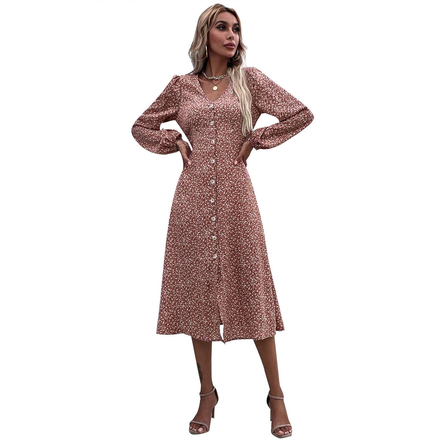 Damen Midi-Kleid Floralmuster Baumwolle Elegant