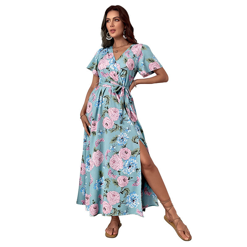 Damen Maxikleid Floralmuster Elegantes Wickeldesign
