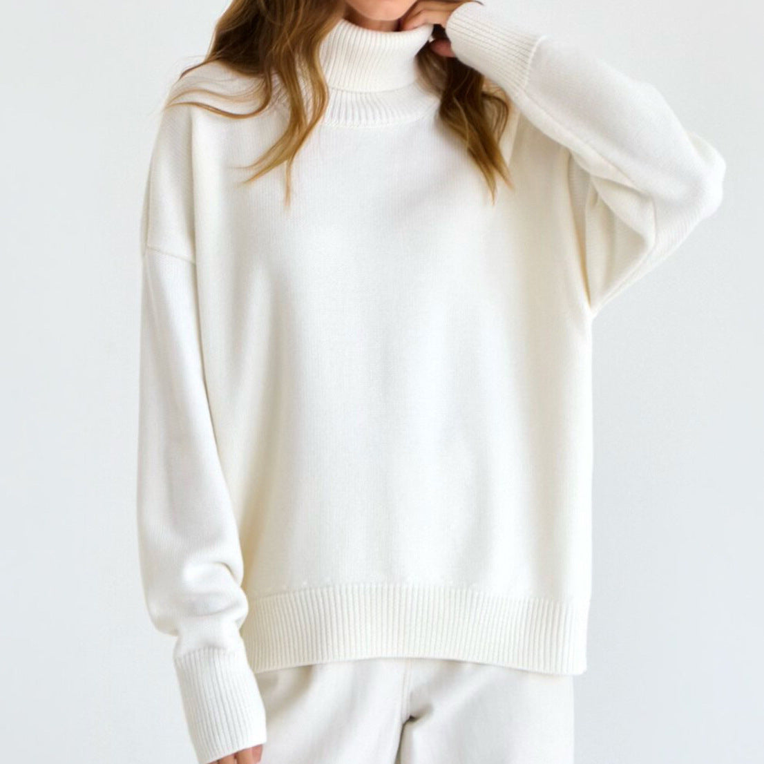 Damen Oversized Rollkragenpullover Gestrickt Beige