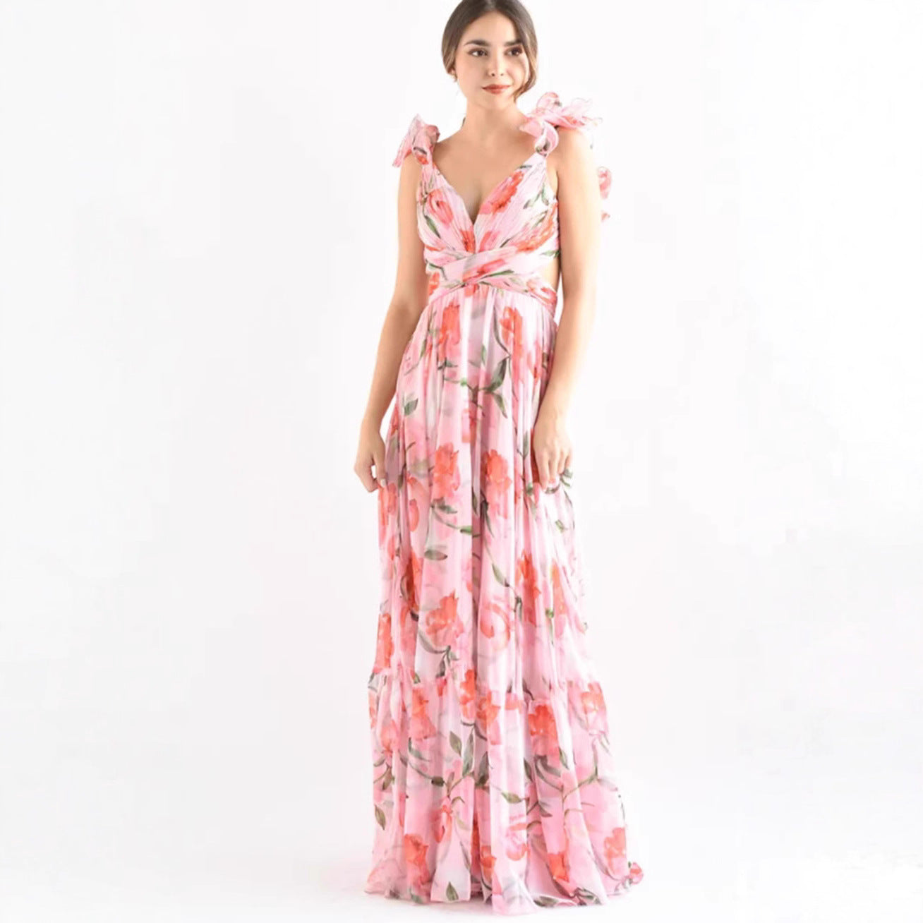 Damen Maxikleid Blumenmuster Rüschen Details Norvielle
