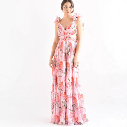 Damen Maxikleid Blumenmuster Rüschen Details Norvielle