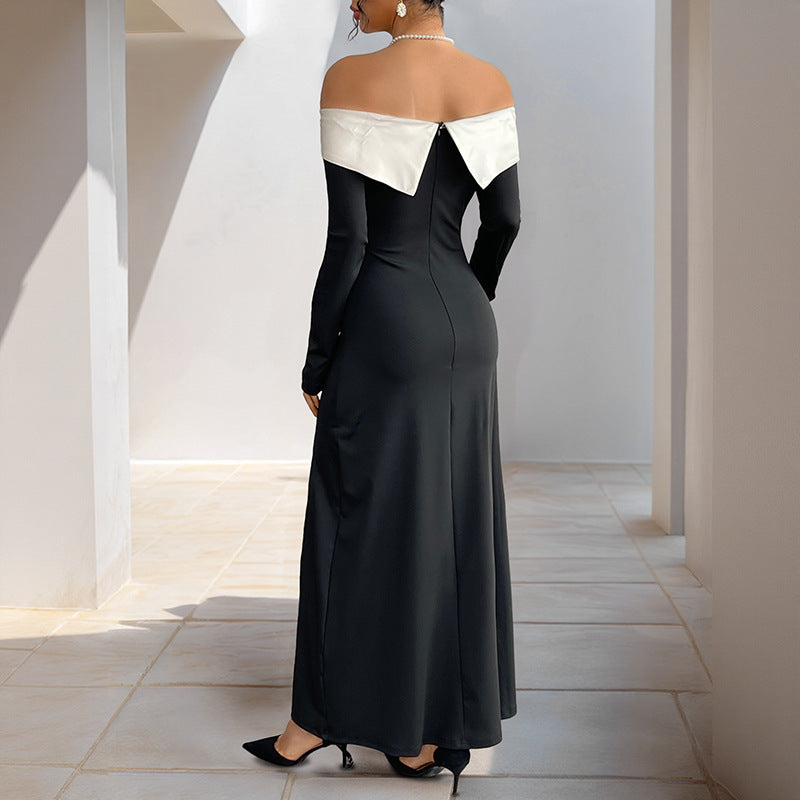Damen Off-Shoulder Maxi-Kleid mit seitlichem Schlitz und langen Ärmeln
