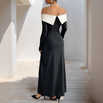 Damen Off-Shoulder Maxi-Kleid mit seitlichem Schlitz und langen Ärmeln