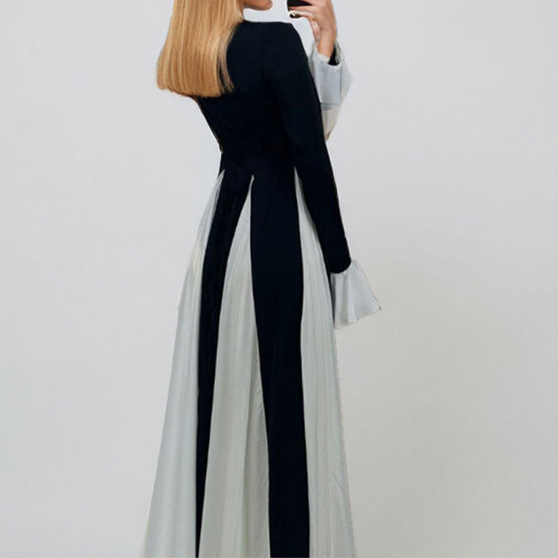 Damen Maxikleid mit Trompetenärmeln Farbkontrast