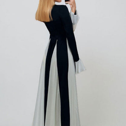 Damen Maxikleid mit Trompetenärmeln Farbkontrast