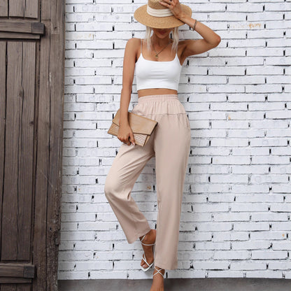 Damen Freizeithose Elastischer Bund Seitentaschen Beige