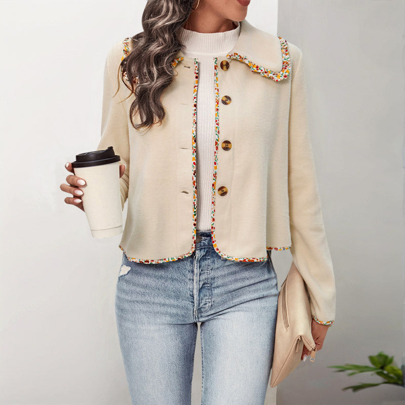 Damen Lässige Jacke Bunter Kragen Knöpfe Beige