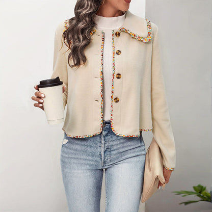 Damen Lässige Jacke Bunter Kragen Knöpfe Beige