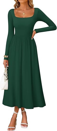 Damen Elegantes Midi-Kleid mit Quadratausschnitt und langen Ärmeln