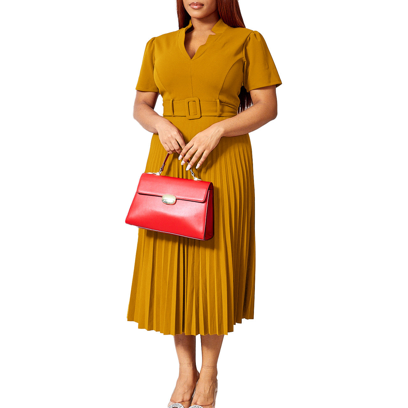 Damen Plissee-Kleid mit Taillierung und Gürtel