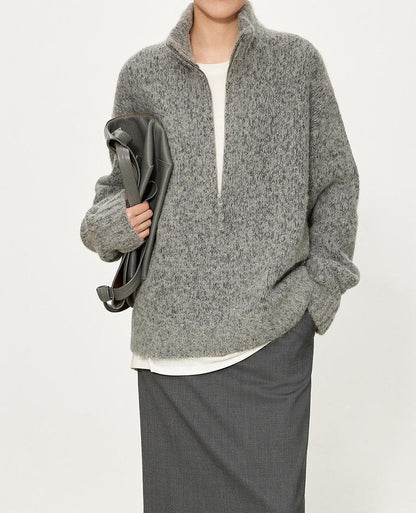 Damen Grobstrickpullover Norvielle Hochkragen Halbzipper