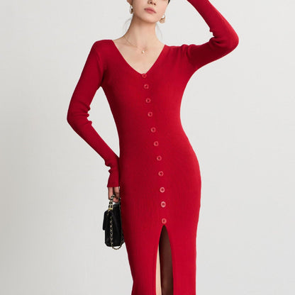 Damen Langarm Strickkleid V-Ausschnitt Knopfleiste Norvielle