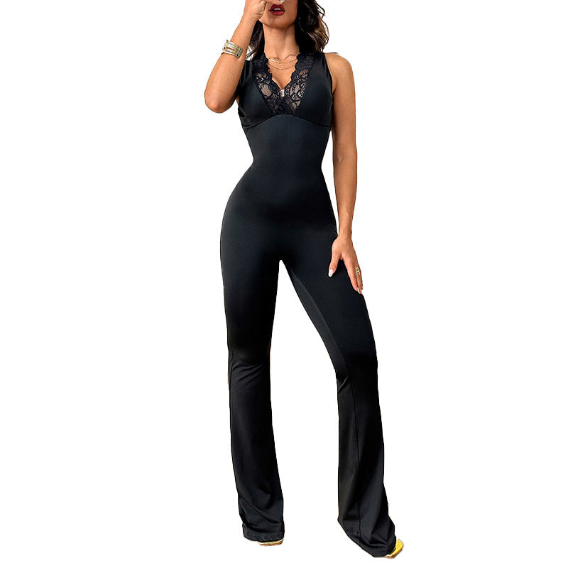 Damen Jumpsuit Spitzenbesatz Ausgestelltes Bein Norvielle