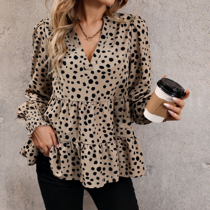 Damen Bluse aus Leinen mit Rüschendetails und Punkten Weiß
