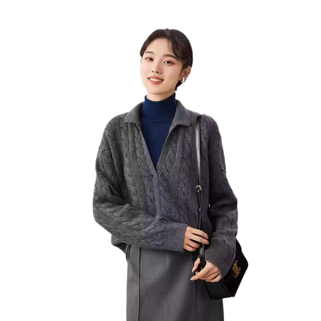 Damen Strickpullover V-Ausschnitt Kabelmuster