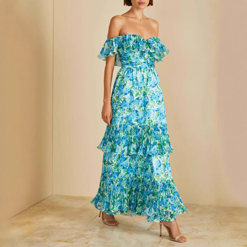 Damen Maxikleid Voluminöse Rüschen Florales Muster