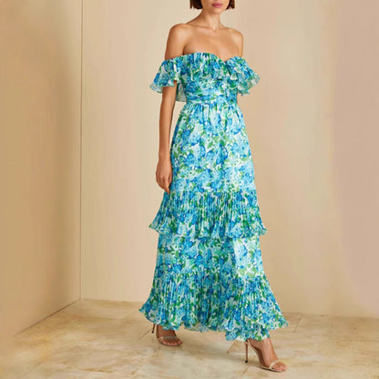 Damen Maxikleid Voluminöse Rüschen Florales Muster