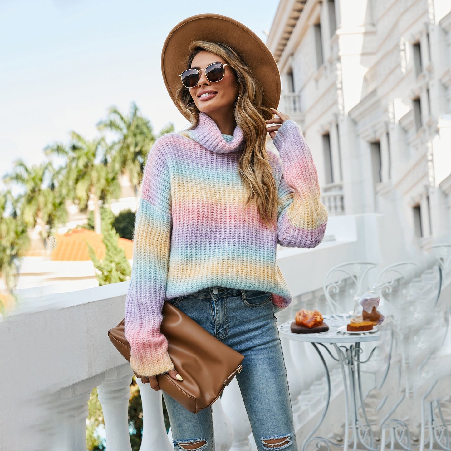 Damen Pullover Weiter Rollkragen Bunt Wellenmuster Norvielle - Norvielle