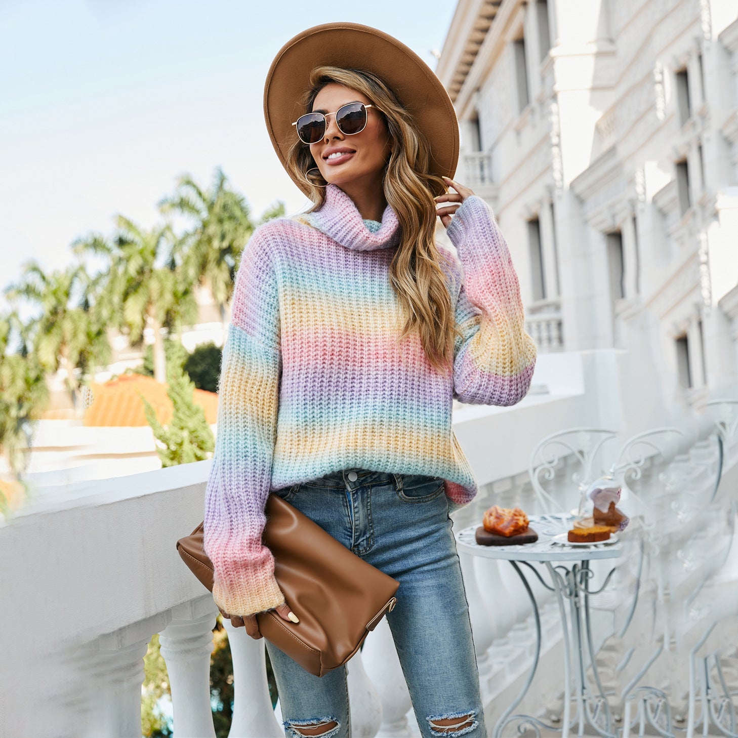 Damen Pullover Weiter Rollkragen Bunt Wellenmuster Norvielle - Norvielle