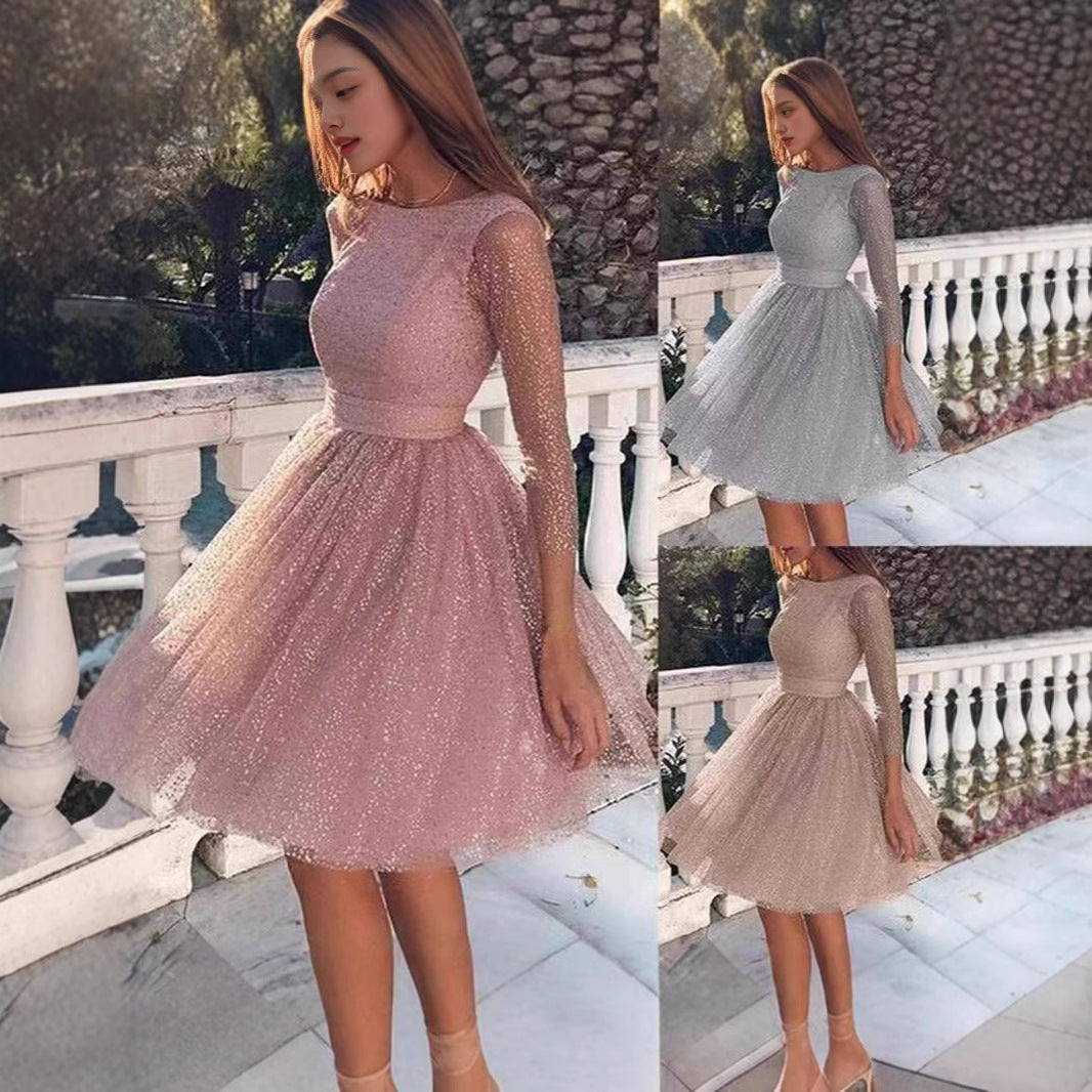 Damen Tüllkleid Langärmlig Glitzernd