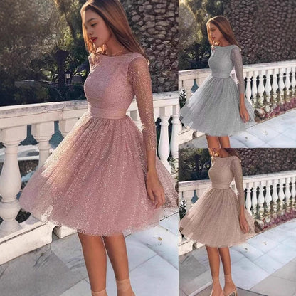 Damen Tüllkleid Langärmlig Glitzernd
