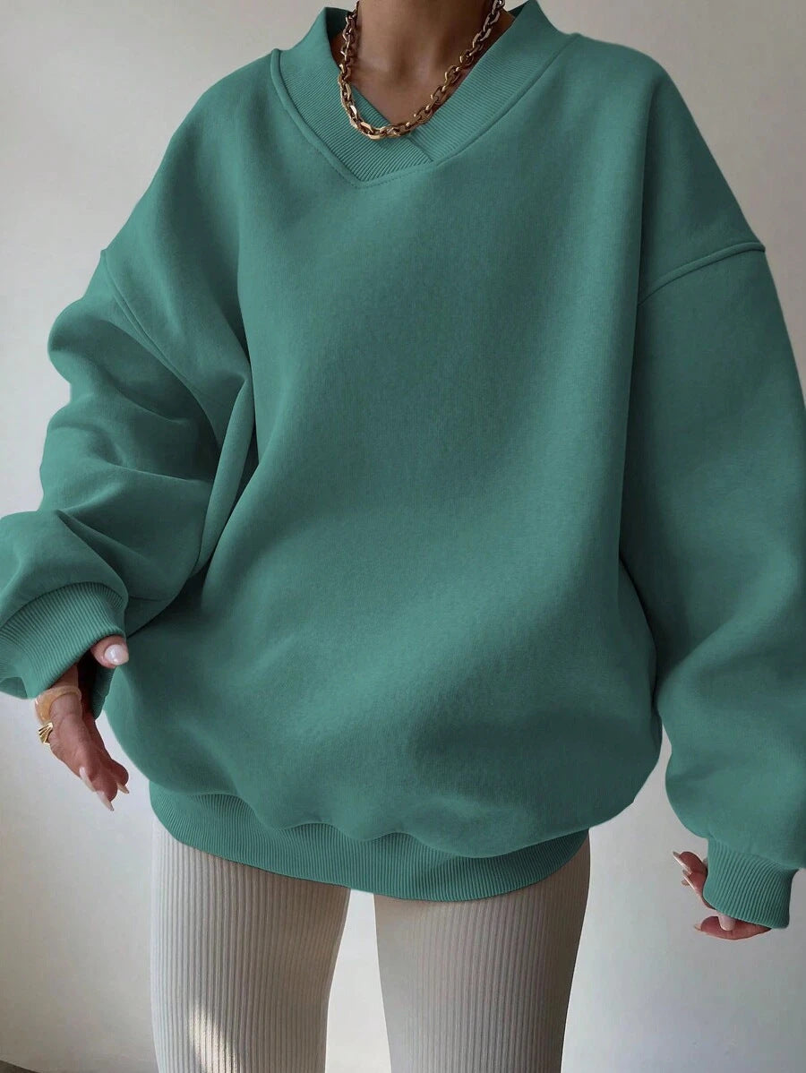 Damen Oversized Sweatshirt V-Ausschnitt Breiter Bund Norvielle