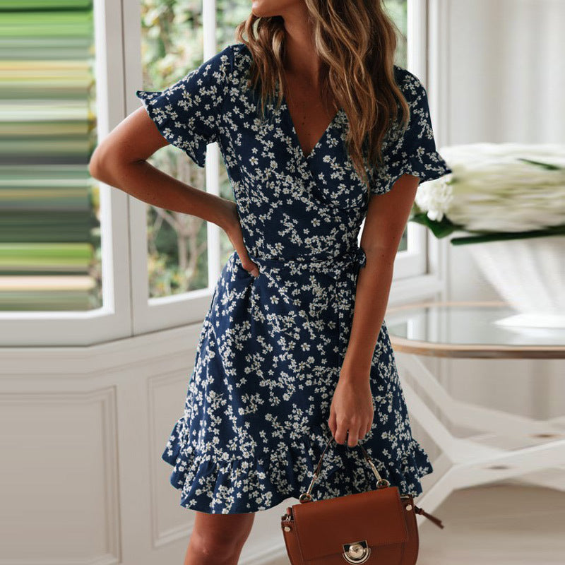 Damen Wickelkleid Voluminöse Rüschen Florales Design