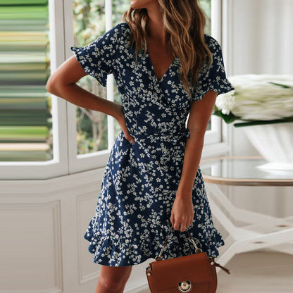 Damen Wickelkleid Voluminöse Rüschen Florales Design