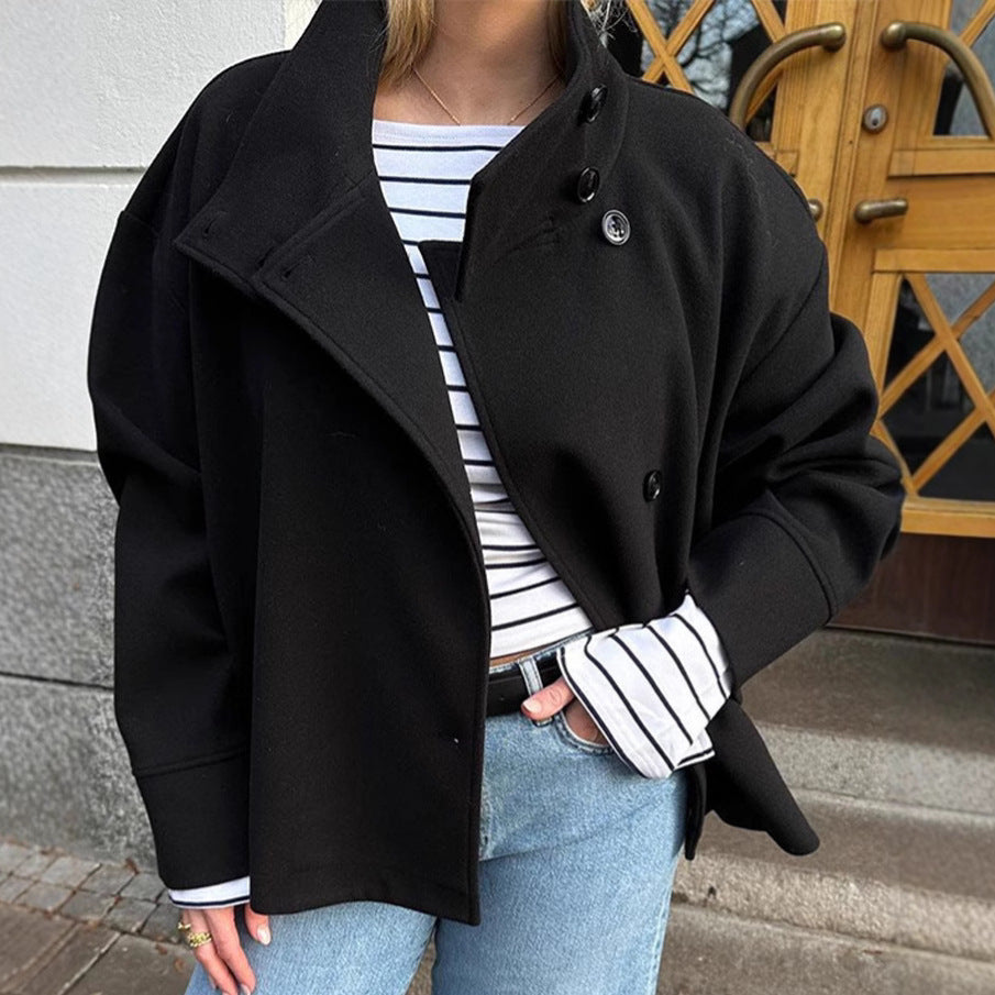 Damen Oversized Jacke Hochschließend Knopfdetails Schwarz - Norvielle