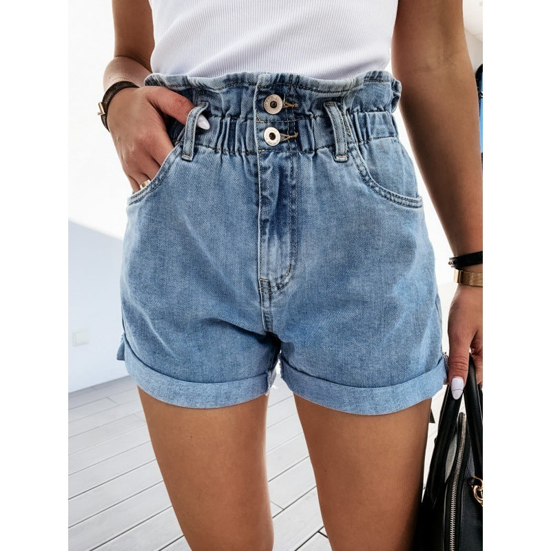 Damen Hochgeschlossene Jeansshorts Elastischer Bund