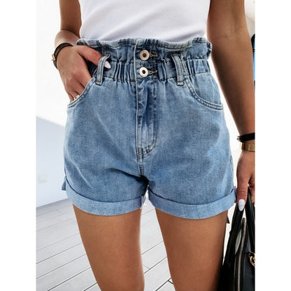 Damen Hochgeschlossene Jeansshorts Elastischer Bund