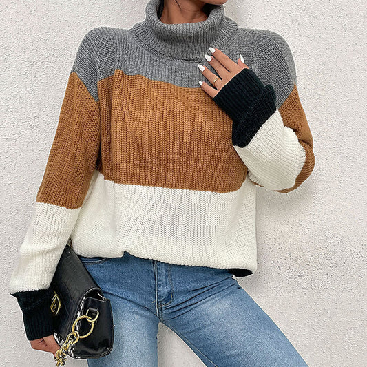 Damen Strickpullover Hochkragen Farbblockdesign - Norvielle