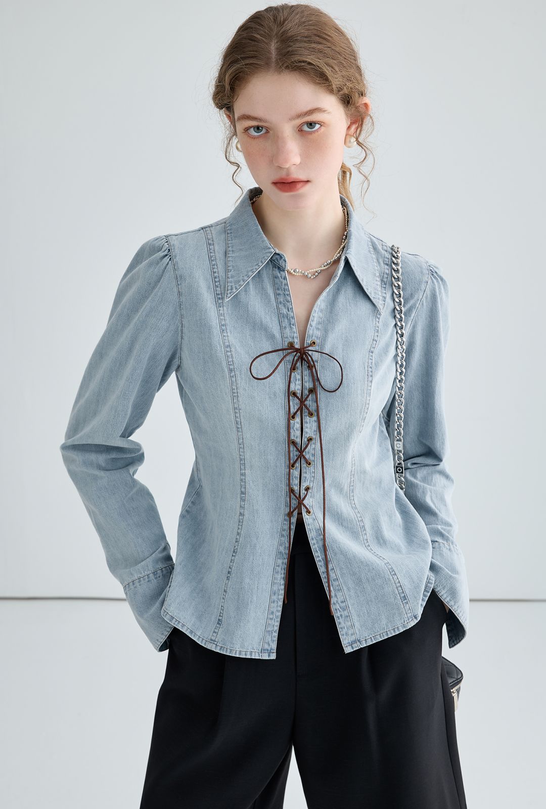 Damen Jeansbluse Geschnürtes Dekolleté Puffärmel
