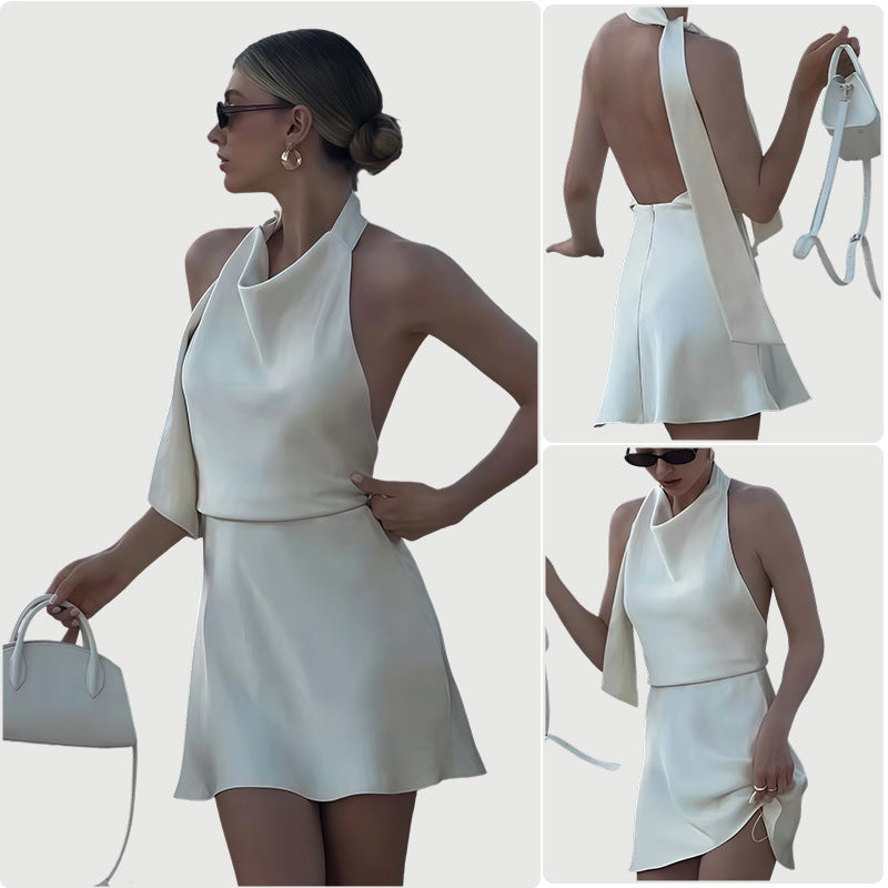 Damen Halterkleid Eleganter Schnitt Verspielter Schlitzdetail Schwarz - Norvielle