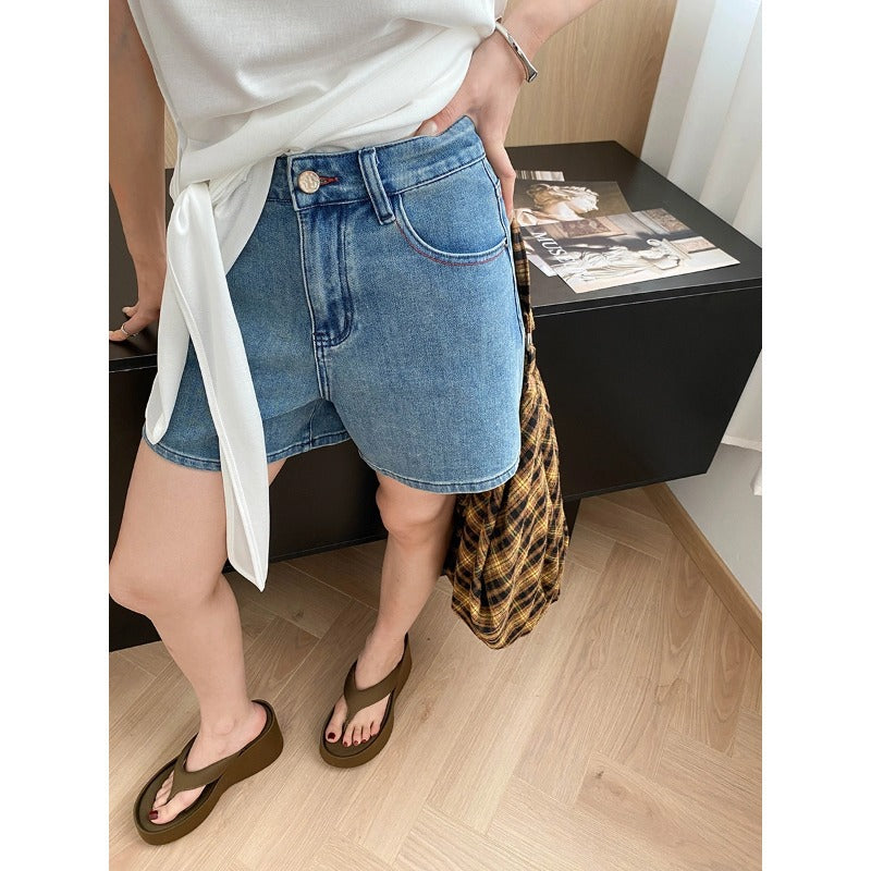 Damen Jeansshorts Hochbund Moderner Schnitt Blau - Norvielle